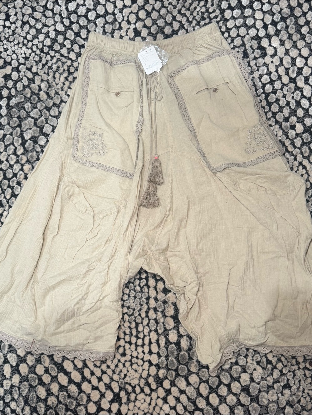 Free People Beige Cargo Harem Pants with Tassel Drawcord color is morning oat